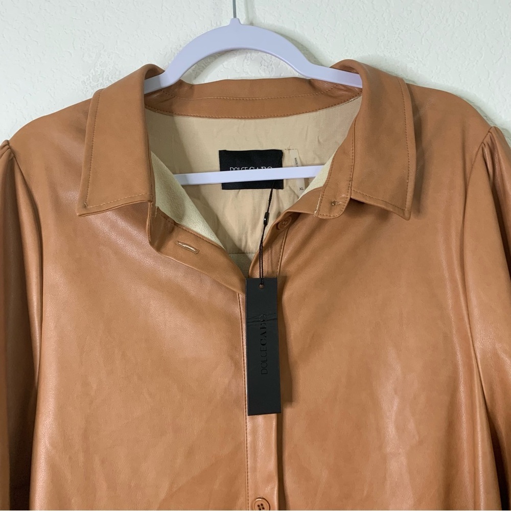 Dolce Cabo Classic Faux Leather Dress with Puff Sleeves camel brown XL NWT - Picture 6 of 11
